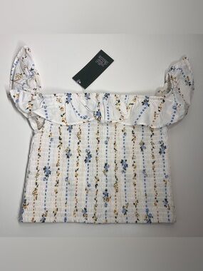 Wild Fable NWT Floral Smocked Off-the-Shoulder Ruffle Top XXS White Blue